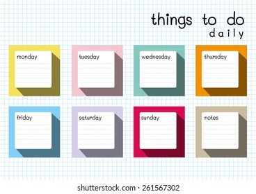 Colorful notepad things to do daily blank paper in square shape set with long shadow effect on white graph paper sheet background template vector with copy space