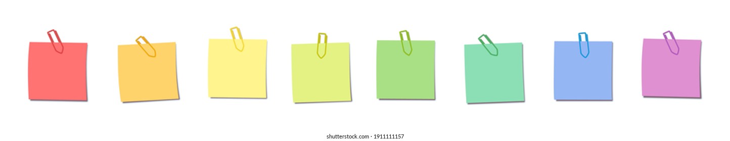 Colorful notepads with paperclips, rainbow gradient colored square sticky notes set. Isolated vector illustration on white background.
