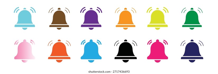 Farbiges Benachrichtigungsglocken-Symbol-Set im Artistic Brush Outline Style - Moderne handgezeichnete Vektorelemente für Warnungen, UI-Design und kreative digitale Schnittstellen.