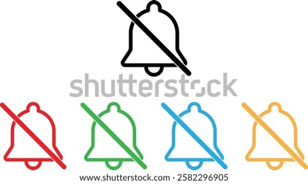 Colorful notification off icon set in different colors . Silent notification icon . No bell icon . Vector illustration