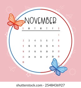 Colorful November 2025 Calendar Template with Cartoon Butterflies