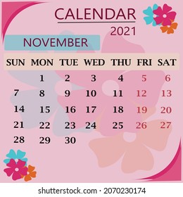 Colorful November calendar design. Vector illustration with light pink background.