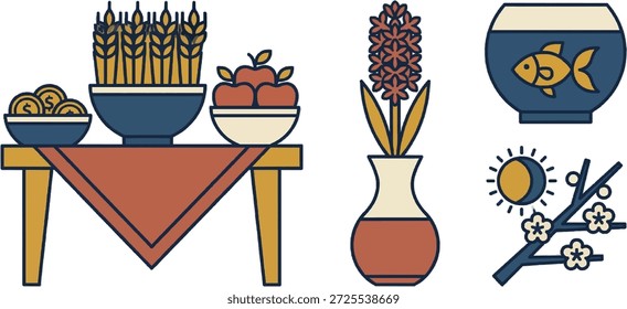 Colorful Nowruz arrangement with haft-sin elements including goldfish bowl, painted eggs, hyacinth, wheatgrass, candles, apples and decorative tableware, symbolizing Persian New Year traditions and celebration