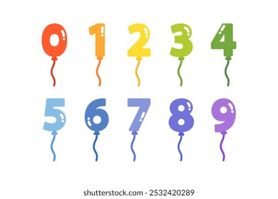 Colorful number 0 to 9 balloon set. Holiday celebration, birthday, event, party, festival concept. Flat decorative vector design isolated illustration.