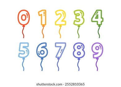 Colorful number 0 to 9 balloon outline set. Holiday celebration, birthday, event, party, festival concept. Flat decorative vector design isolated illustration.