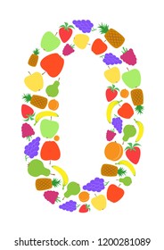 Colorful number 0 shaped by flat fruit designs, Arial