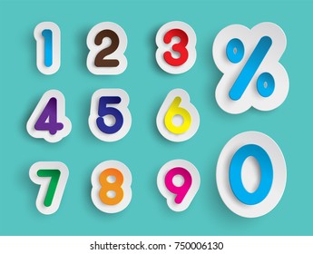 Colorful Number 1 2 3 4 5 6 7 8 9 0 and % Text in Paper cut Style on Blue Background