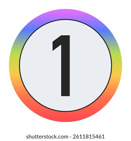 Colorful Number 1 in a Circle on Black: Purple, Blue, Green, Yellow, Orange, Red. Bold Typography. Design Element for Education, Branding, Creative Projects