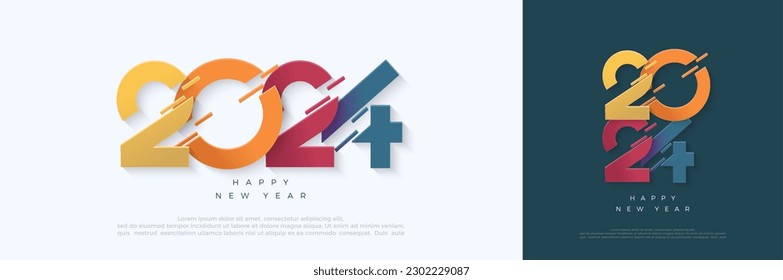 Vector colorido número 2024. Feliz año nuevo 2024 diseño con números únicos y coloridos. Diseño vectorial premium para afiches, banner, saludo y celebración del año 2024.