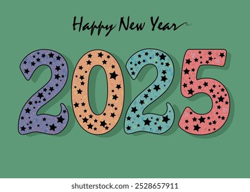 The colorful number 2025 is adorned with black stars, lending a hint of gothic charm to the New Year festivities. Set against a rich green background, this vector illustration captures the essence of 