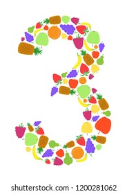 Colorful number 3 shaped by flat fruit designs, Arial