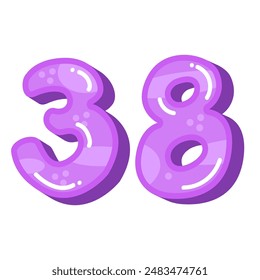 Colorful number 38 vector art, cute glossy number thirty eight image, childish cartoon design style