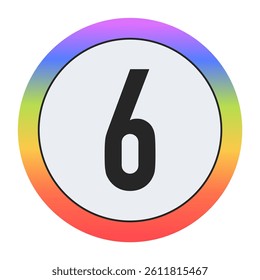 Colorful Number 6 in a Circle on Black: Purple, Blue, Green, Yellow, Orange, Red. Bold Typography. Design Element for Education, Branding, Creative Projects