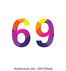 Farbiges Bildzeichen mit dem Symbol für das Vektordesign mit der Ziffer 69 des stelligen Regenbogen-Emblems