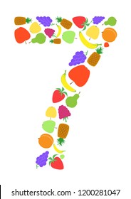 Colorful number 7 shaped by flat fruit designs, Arial