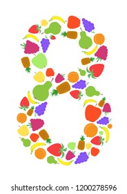 Colorful number 8 shaped by flat fruit designs, Arial