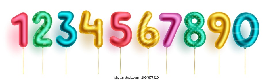 Colorful number balloons vector set. Birthday foil numbers balloon with colorful numeric count of 0 to 9 for birth day and event occasion celebration decoration design. Vector illustration.
