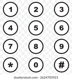 Colorful number bullet point 0 to 9 vector set. call number pad icon on Transparent Background. EPS 10