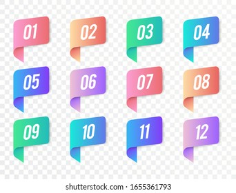 Colorful Number Bullet Point From 1 To 12 In The Form Of Ribbons. Vector Bullet Points For Infographic Design Or Presentation