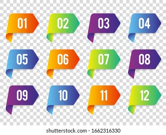 Colorful Number Bullet Point From 1 To 12 In The Form Of Ribbons In The Form of Arrows. Vector Bullet Points For Infographic Design Or Presentation