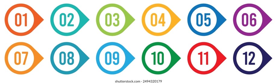 Colorful number bullet point 1 to 12 vector set.