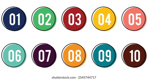 Colorful number bullet point 1 to 10 vector set. Number bullet points collection vector design. Creative number bullet points.