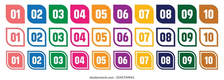 Colorful number bullet point 1 to 10 vector set. Number bullet points collection vector design. Creative number bullet points.