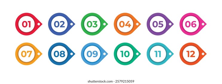 Colorful number bullet point 1 to 12 vector set. Color tags, icons and buttons. Isolated 3d vector set of colorful Info markers in shape of drop with realistic shadows, digits from one to twelve.