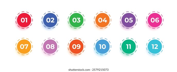 Colorful number bullet point 1 to 12 vector set. Color tags, icons and buttons. Isolated 3d vector set of colorful Info markers in circle shape with realistic shadows, digits from one to twelve.