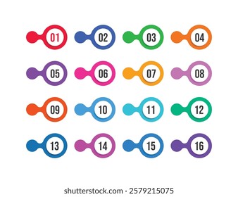 Colorful number bullet point 1 to 16 vector set. Color tags, icons and buttons. Isolated vector set of Info markers in shape of drop with realistic shadows, digits from one to sixteen.