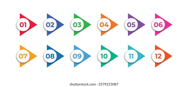 Colorful number bullet point 1 to 12 vector set. Color tags, icons and buttons. Isolated 3d vector set of colorful Info markers in triangle shape with realistic shadows, digits from one to twelve.