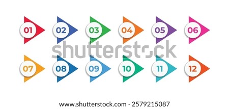 Colorful number bullet point 1 to 12 vector set. Color tags, icons and buttons. Isolated 3d vector set of colorful Info markers in triangle shape with realistic shadows, digits from one to twelve.