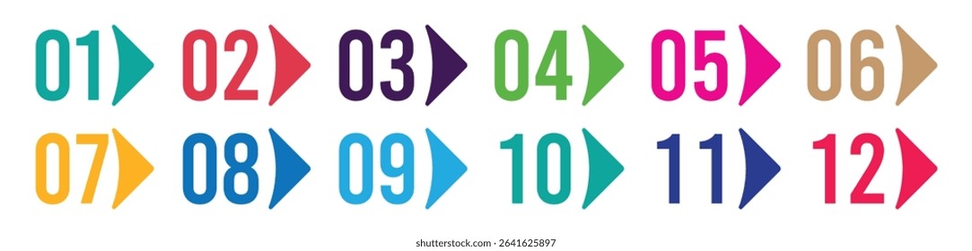 Colorful number bullet points 1 to 12 vector set. Perfect for lists, infographics, presentations, and educational materials.