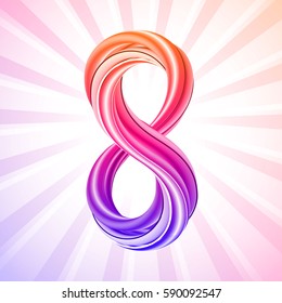 Colorful number eight icon, 3d effect, on bright abstract background with rays of light. Vector illustration. Digit 8 symbol. March 8, International womens day greeting card.