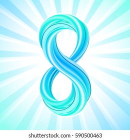 Colorful number eight icon, 3d effect, on bright abstract background with rays of light. Vector illustration. Digit 8 symbol. March 8, International womens day greeting card.