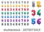 Colorful number foil and latex, helium balloons from 0 to 9. Vector party, birthday, celebrate anniversary and wedding decoration. Realistic design elements. Festive set, figure font or alphabet