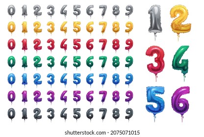 Colorful number foil and latex, helium balloons from 0 to 9. Vector party, birthday, celebrate anniversary and wedding decoration. Realistic design elements. Festive set, figure font or alphabet