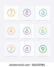 Colorful number icons or design elements in trendy fast moving liquid style isolated on light backgrounds with shadows