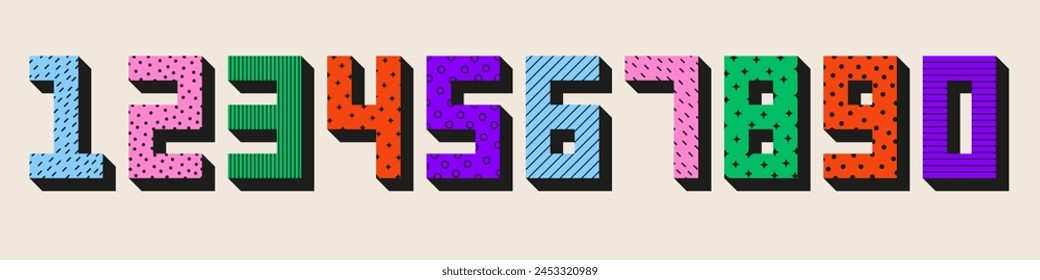 Colorful number set from 0 to 9. Geometric figures with texture pattern