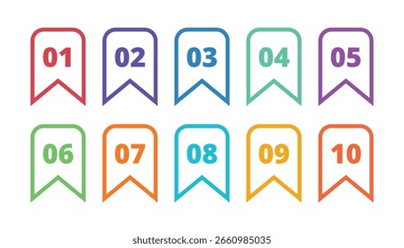 Colorful numbered bullet points or bookmarks from 01 to 10 representing list organization, task steps, progress markers, ranking, sequence, and digital navigation indicators