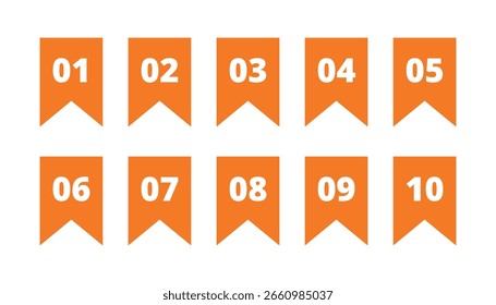 Puntos de viñeta numerados de colores o marcadores de 01 a 10 que representan la organización de la lista, los pasos de la tarea, los marcadores de progreso, la clasificación, la secuencia y los indicadores de navegación digital