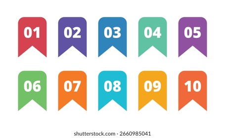 Puntos de viñeta numerados de colores o marcadores de 01 a 10 que representan la organización de la lista, los pasos de la tarea, los marcadores de progreso, la clasificación, la secuencia y los indicadores de navegación digital