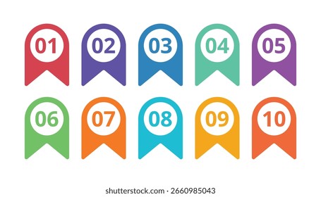 Puntos de viñeta numerados de colores o marcadores de 01 a 10 que representan la organización de la lista, los pasos de la tarea, los marcadores de progreso, la clasificación, la secuencia y los indicadores de navegación digital