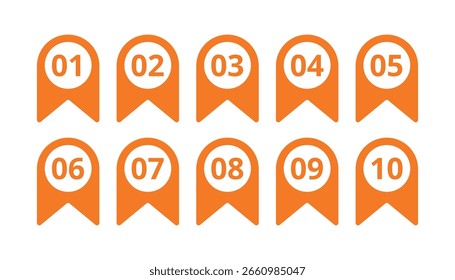 Puntos de viñeta numerados de colores o marcadores de 01 a 10 que representan la organización de la lista, los pasos de la tarea, los marcadores de progreso, la clasificación, la secuencia y los indicadores de navegación digital