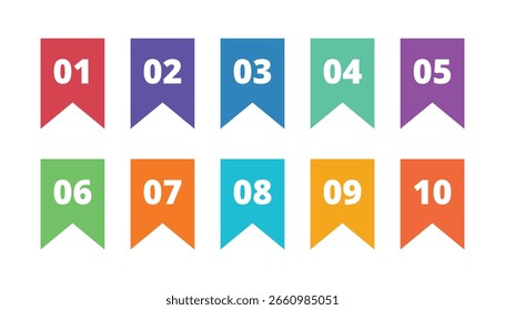 Puntos de viñeta numerados de colores o marcadores de 01 a 10 que representan la organización de la lista, los pasos de la tarea, los marcadores de progreso, la clasificación, la secuencia y los indicadores de navegación digital