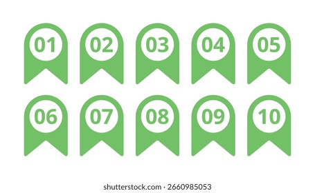 Marcadores ou marcadores numerados coloridos de 01 a 10 representando a organização da lista, as etapas da tarefa, os marcadores de progresso, a classificação, a sequência e os indicadores de navegação digital