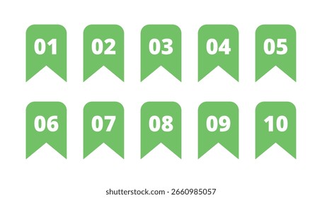 Puntos de viñeta numerados de colores o marcadores de 01 a 10 que representan la organización de la lista, los pasos de la tarea, los marcadores de progreso, la clasificación, la secuencia y los indicadores de navegación digital