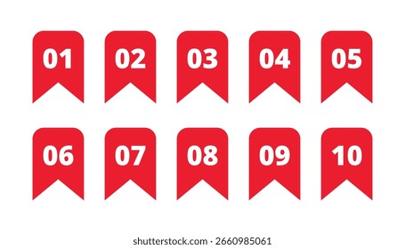 Puntos de viñeta numerados de colores o marcadores de 01 a 10 que representan la organización de la lista, los pasos de la tarea, los marcadores de progreso, la clasificación, la secuencia y los indicadores de navegación digital