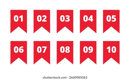 Colorful numbered bullet points or bookmarks from 01 to 10 representing list organization, task steps, progress markers, ranking, sequence, and digital navigation indicators