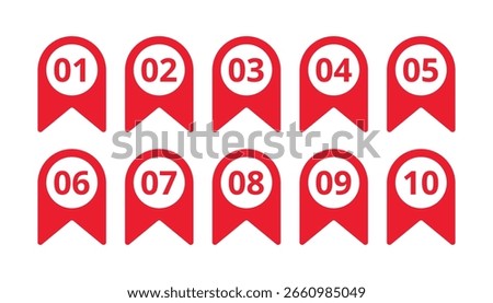 Colorful numbered bullet points or bookmarks from 01 to 10 representing list organization, task steps, progress markers, ranking, sequence, and digital navigation indicators